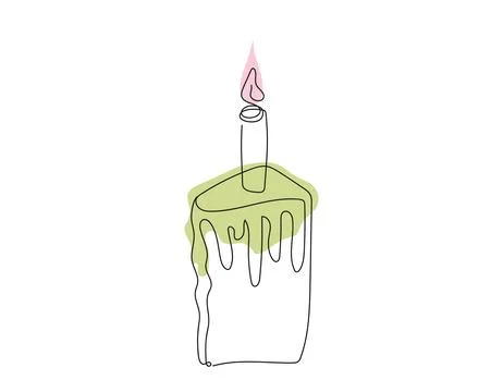 Continuous one line drawing of Easter Kulich cake with lit candle. Slice of Stock Illustration