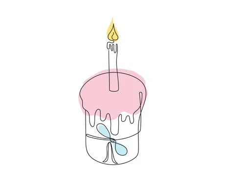 Continuous one line drawing of Easter Kulich cake with a lit candle. Colored Stock Illustration