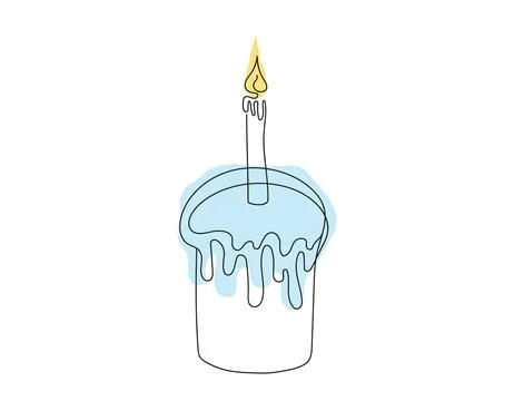 Continuous one line drawing of Easter Kulich cake with a lit candle. Colored Stock Illustration