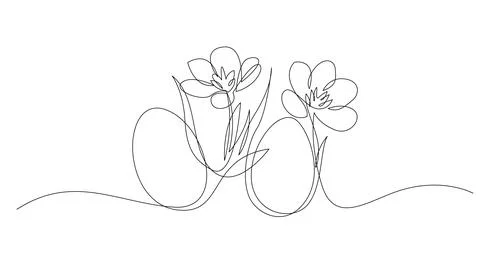 Continuous one line drawing of Easter eggs with spring flowers. Happy Easte.. Stock Illustration