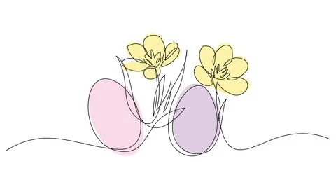 Continuous one line drawing of Easter eggs with spring flowers. イラスト素材