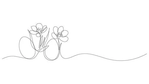 Continuous one line drawing of Easter eggs with spring flowers. Stock Illustration