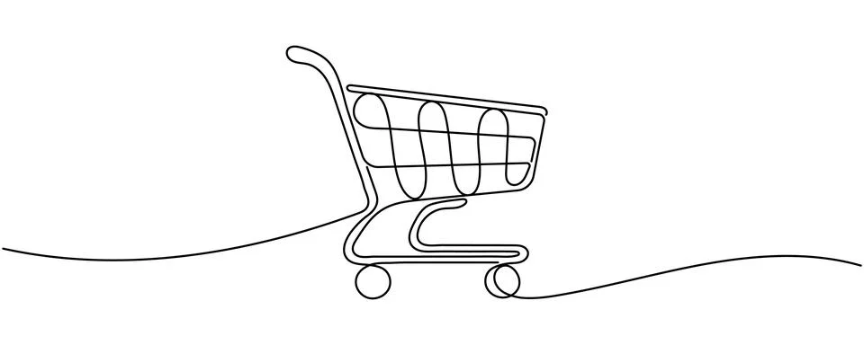Continuous one line drawing of an empty shopping cart or supermarket trolle.. Stock Illustration