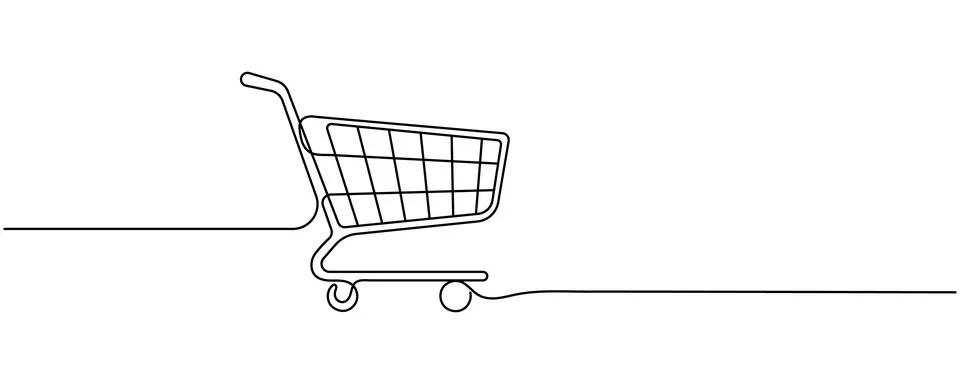 Continuous one line drawing of an empty shopping cart or supermarket trolle.. Illustrazione stock
