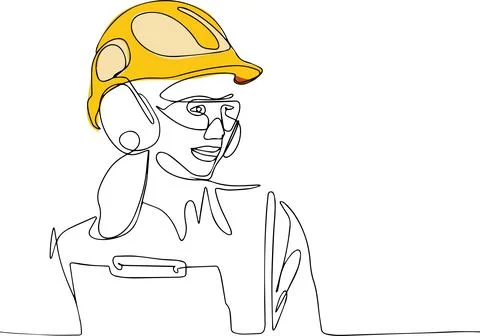 Continuous one line drawing of engineer woman wearing uniform and safety helmet Stock Illustration