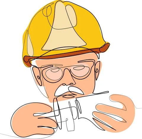 Continuous one line drawing of engineer wearing uniform and safety helmet Stock Illustration