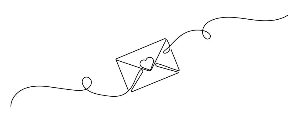 Continuous one line drawing of envelope with heart. Template for love cards.. Stock Illustration