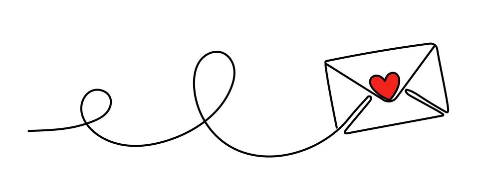 Continuous one line drawing of envelope with heart. Template for love cards.. Stock Illustration