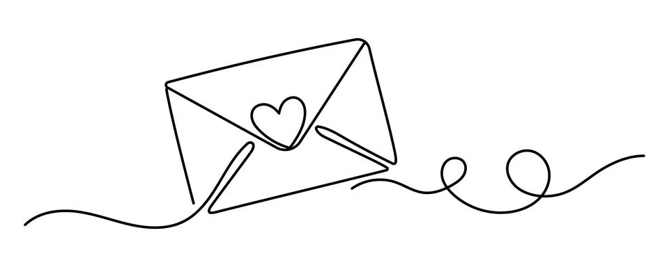 Continuous one line drawing of envelope with heart. Template for love cards.. Stock Illustration