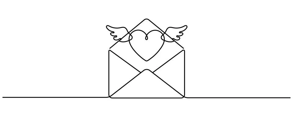 Continuous one line drawing of envelope with heart. Template for love cards a Stock-Illustration