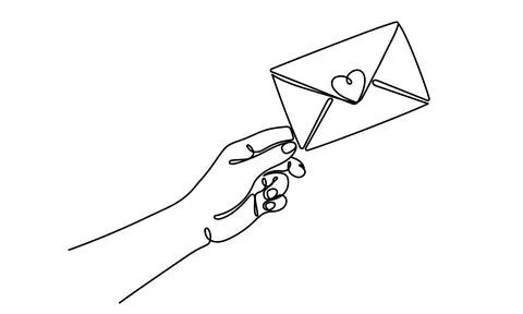 Continuous one line drawing of envelope with heart. Template for love cards.. Stock Illustration