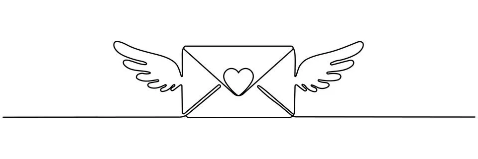 Continuous one line drawing of envelope with heart. Template for love cards.. Stock Illustration