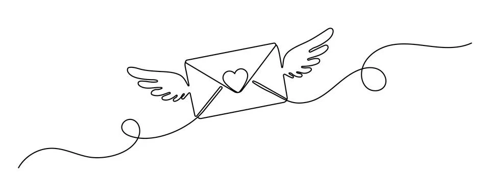 Continuous one line drawing of envelope with heart. Template for love cards.. Stock Illustration