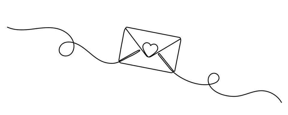 Continuous one line drawing of envelope with heart. Template for love cards.. Stock Illustration