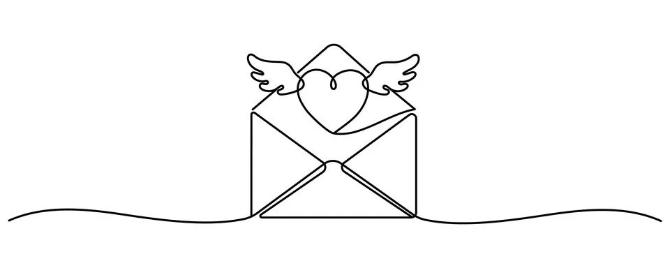 Continuous one line drawing of envelope with heart. Template for love cards.. Stock Illustration