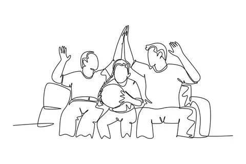 Continuous one line drawing fans siting on sofa and watching their favorite.. Stock Illustration