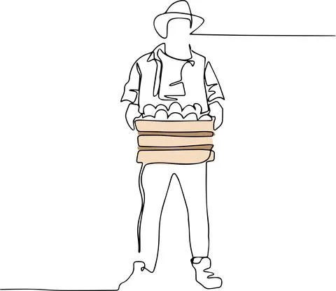 Continuous one line drawing of farmer posing with burlap sacks. Stockillustratie