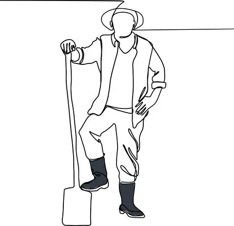 Continuous one line drawing of farmer posing with burlap sacks. Stockillustratie