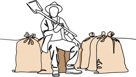 Continuous one line drawing of farmer posing with burlap sacks. Stockillustratie