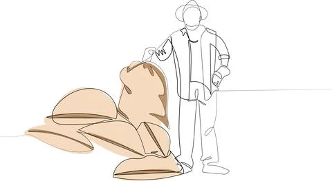Continuous one line drawing of farmer posing with burlap sacks. Stockillustratie