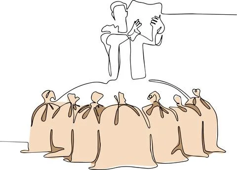Continuous one line drawing of farmer posing with burlap sacks. Stockillustratie