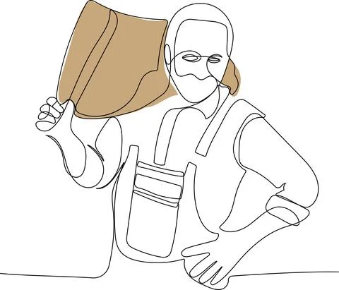 Continuous one line drawing of farmer posing with burlap sacks. Stockillustratie