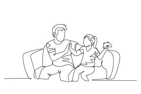 Continuous one line drawing father and daughter sitting on couch playing co.. Stock Illustration