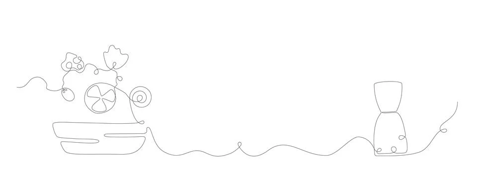 Continuous one line drawing fresh vegetable greek salad bowl, pepper mill banner Stock Illustration