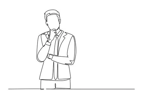 Continuous one line drawing front view of young startup founder standing an.. Stockillustratie