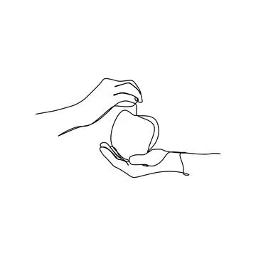 Continuous one line drawing giving a fruit to other. Simple hand drawn style  스톡 일러스트