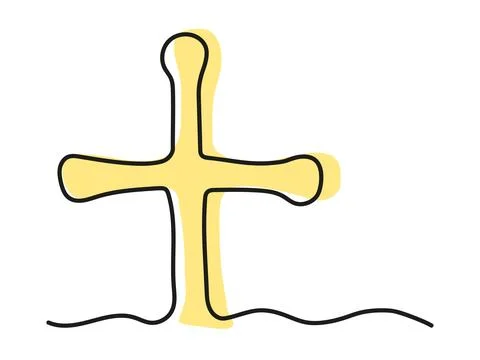 Continuous one line drawing of a golden cross isolated on white background. A Stock Illustration