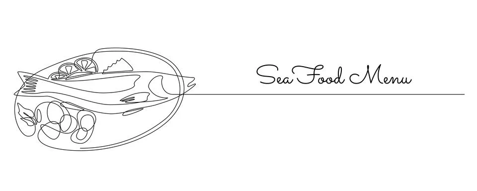 Continuous one line drawing of grilled salmon fish on plate. Roasted seafood Stock Illustration