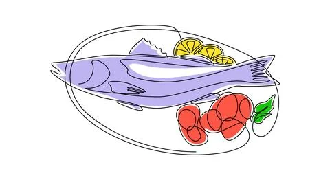 Continuous one line drawing of grilled salmon fish on plate. Roasted seafood Stock Illustration