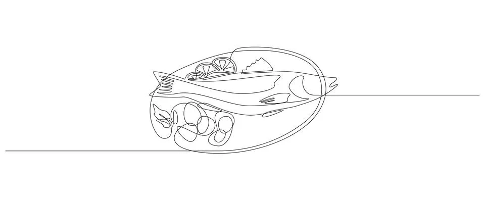 Continuous one line drawing of grilled salmon fish on plate. Roasted seafood Stock Illustration