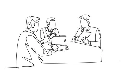 Continuous one line drawing group young happy businessmen discussing in mee.. Stock Illustration