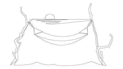 Continuous one line drawing of hammock hanging on the trees with a sunset on the Stock Illustration
