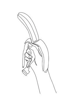 Continuous one-line drawing of a hand holding a banana fruit. A woman hand ho Stock Illustration