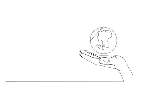 Continuous one line drawing. Hand holding Earth globe. Vector illustration. Stock Illustration