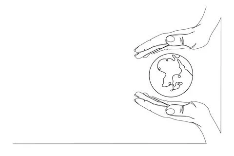 Continuous one line drawing. Hand holding Earth globe. Vector illustration. Stock Illustration