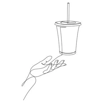 Continuous one line drawing of hand holding a plastic cup with straw. Ilustración de archivo