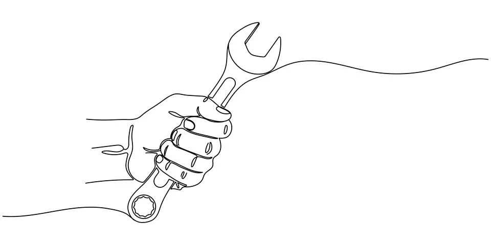 Continuous one line drawing of Hand holding wrench. Single line drawing illus Stock Illustration