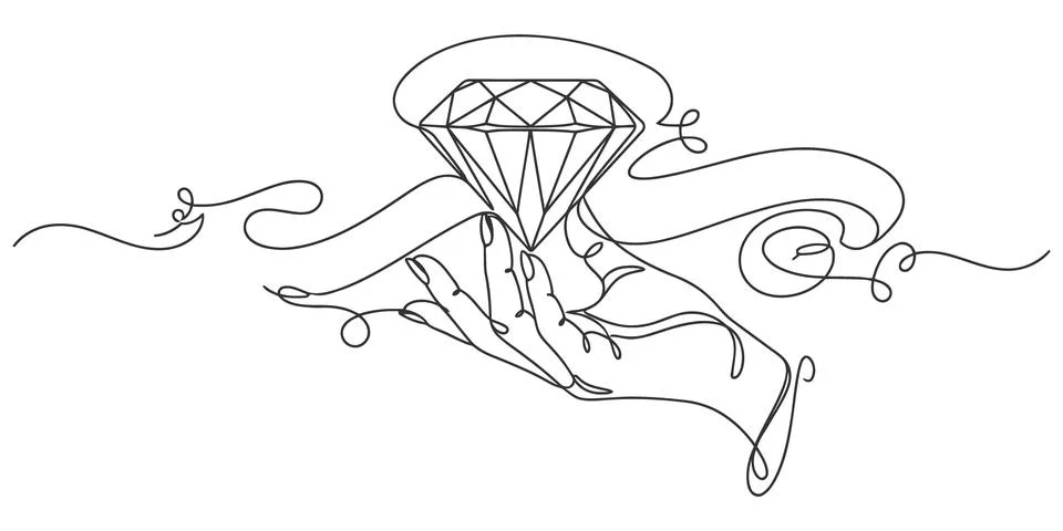 Continuous one line drawing of hand holding sparkling diamond luxury jewelry. Stock Illustration