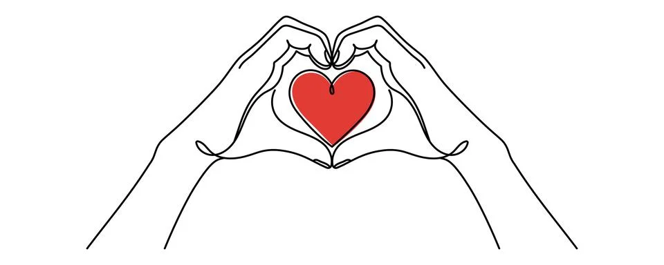 Continuous one line drawing hands holding heart. Valentines day or Charity .. Stock Illustration