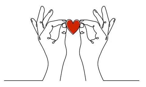 Continuous one line drawing hands holding heart. Valentines day or Charity .. Stock Illustration