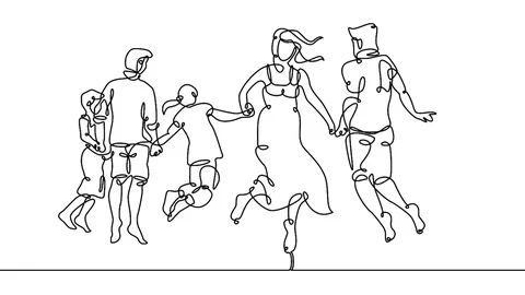 Continuous one line drawing of happy family running Stock Footage 92121994