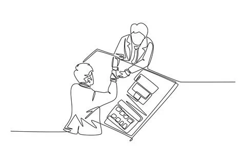 Continuous one line drawing of happy businessmen handshaking his business p.. Stock Illustration