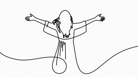 Continuous one line drawing of happy woman raised her hands up vector design Stock Illustration