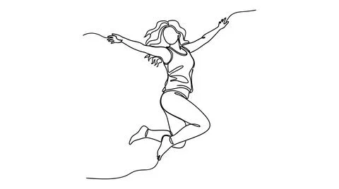 Continuous one line drawing of a happy jumping woman with arms outstretched. Illustrazione stock