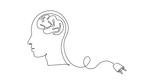 Continuous one line drawing of head person and brain with plug. Concept of Stock Illustration