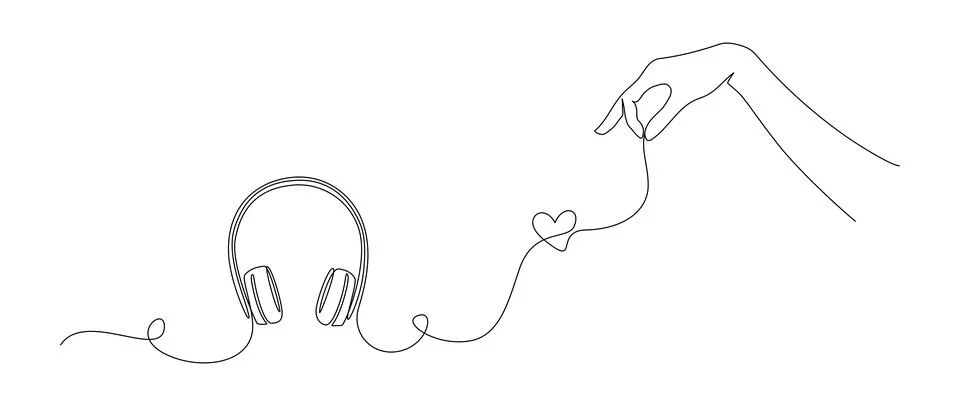 Continuous one line drawing of headphones with hand and heart shape. Music Illustrazione stock